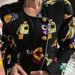 Vintage Silk Richard Warren Black Perfume Bottle Detail Women's Jacket